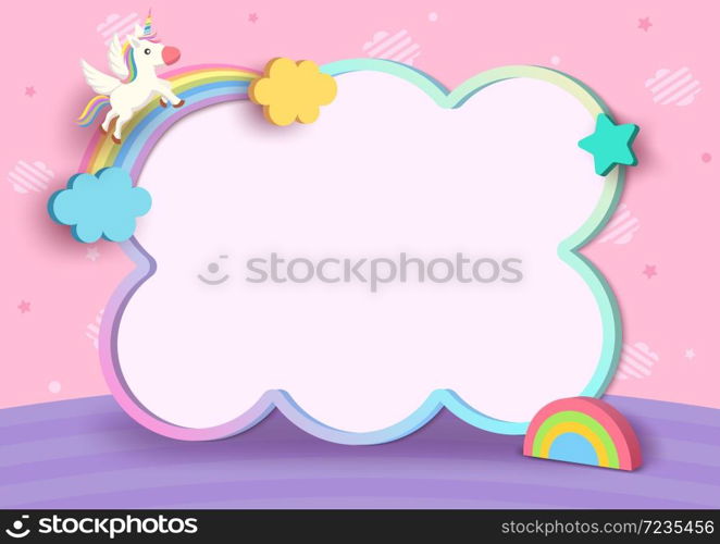 Illustration vector 3d style of unicorn and rainbow with cute frame on pink cloud pattern background.