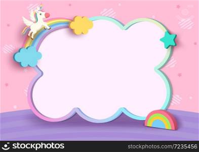 Illustration vector 3d style of unicorn and rainbow with cute frame on pink cloud pattern background.
