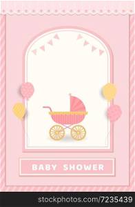 Illustration vector of Baby Shower card design with stroller on pink background.