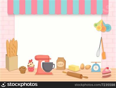 Illustration vector of bakery frame template with baking Equipment on kitchen background.