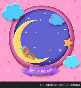 Illustration vector of cute bear with moon and clouds design with paper art style