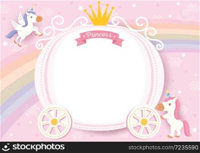 Illustration vector of cute princess cart decorated with crown and unicorn on pink and rainbow background design for frame and template.