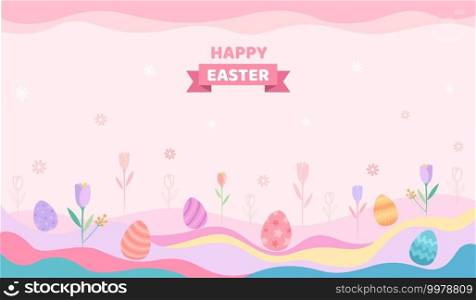 Illustration vector of Easter festival design with colored eggs on tulips meadow pastel background.