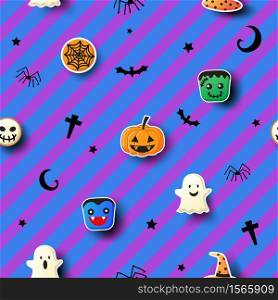 Illustration vector of Halloween party with cookies monster symbol design to seamless pattern on blue purple stirpe background.