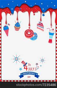 Illustration vector of Happy Independence day United states of America, 4th Jul. Design with dessert and icon on frame.