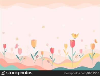 Illustration vector of spring background with tulip flowers and butterfly on meadow