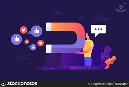 Illustration vector of young businessman who is holding magnet to call to action from audience or customer as influence marketing or advertising. Illustration vector of young businessman who is holding magnet to call to action from audience or customer as influence marketing or advertising.