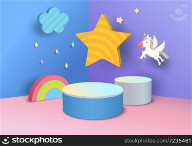 Illustration vector podium decorated with rainbow, cloud, star and unicorn design to 3d style background for kids