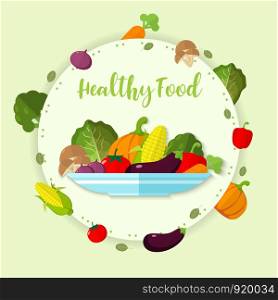 Illustration Vegetable on a plate minimal style , Healthy food vector , raw materials for cooking , organic vegetable