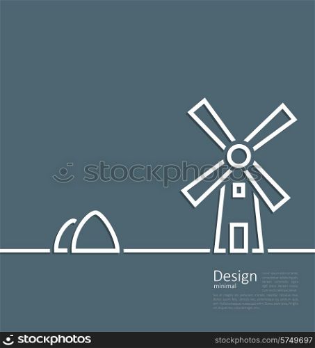 Illustration village landscape windmill haystack, design minimal line style - vector