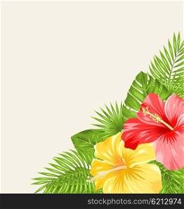 Illustration Vintage Background with Colorful Hibiscus Flowers. Copy Space for Your Text - Vector. Vintage Background with Colorful Hibiscus Flowers
