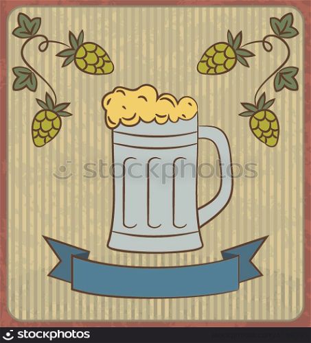 Illustration vintage card with glass mug beer - vector