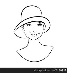 Illustration vintage girl face in hat - vector