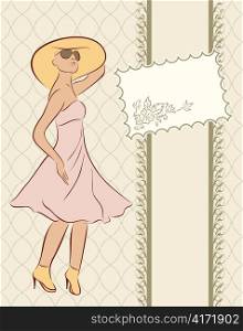 Illustration vintage girl with card, sketch style - vector