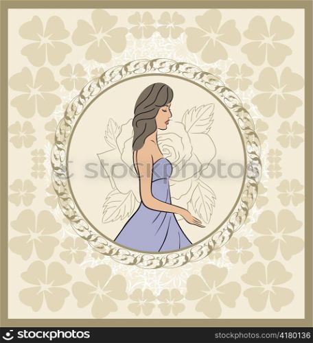 Illustration vintage invitation with girl, sketch style - vector