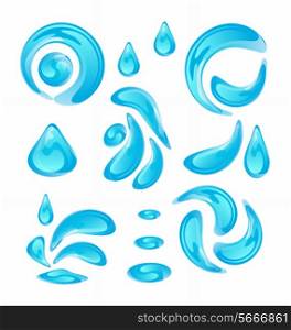 Illustration water drops, splashing waves, set isolated on white background - vector