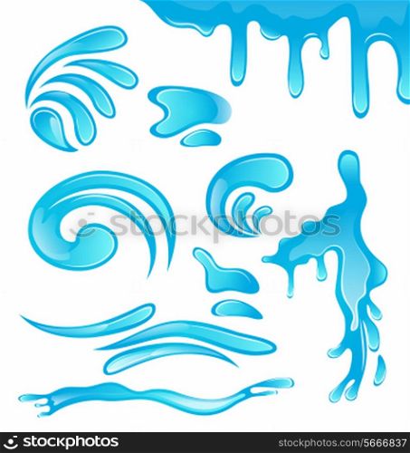Illustration water drops, splashing waves, surge, puddle, ripples, set isolated on white background - vector