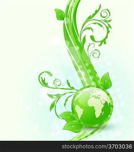 Illustration wavy background with global planet and eco green leaves - vector