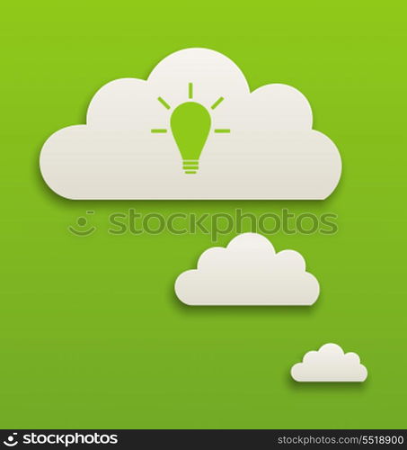 Illustration white paper speech bubble with lamp on green background - vector