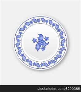 Illustration white plate with hand drawn floral ornament bezel - vector