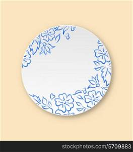 Illustration white plate with hand drawn floral ornament, empty ceramic plate - vector