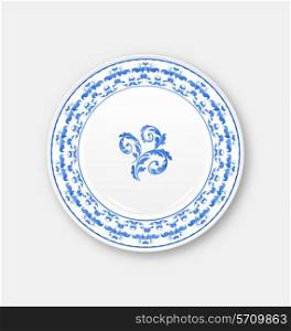Illustration white plate with russian national ornament in gzhel style, empty ceramic plate - vector
