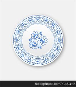 Illustration white plate with russian ornament in gzhel style - vector