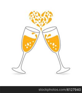 Illustration Wineglasses of Sparkling Champagne and Splashes in Form Heart for Happy Valentines Day. Place for Your Text. Minimal Concept - Vector