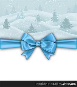 Illustration Winter Background with Blue Bow Ribbon, Nature Landscape with Fir Tree - Vector