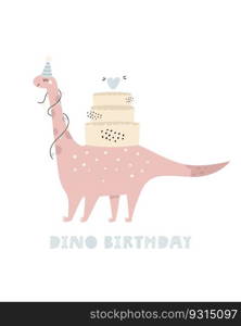 Illustration with a cute Birthday dinosaur in a simp≤hand drawn sty≤. Funny character on a holiday greeting card. Misχef design for kids pr∫s.. Illustration with a cute Birthday dinosaur in a simp≤hand drawn sty≤.