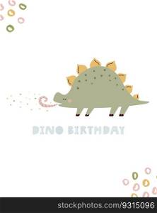 Illustration with a cute Birthday dinosaur in a simple hand drawn style. Funny character on a holiday greeting card. Mischief design for kids prints.. Illustration with a cute Birthday dinosaur in a simple hand drawn style.