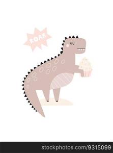 Illustration with a cute Birthday dinosaur in a simple hand drawn style. Funny character on a holiday greeting card. Mischief design for kids prints.. Illustration with a cute Birthday dinosaur tyrannosaurus in a simple hand drawn style.