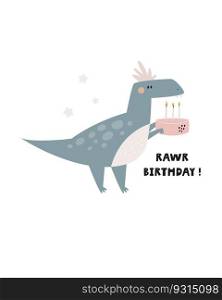 Illustration with a cute dinosaur in a Birthday cap in a simple hand drawn style. Funny character on a holiday greeting card. Mischief design for kids prints.. Illustration with a cute dinosaur in a Birthday cap in a simple hand drawn style.