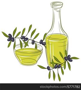 Illustration with black olives and bottle of oil.. Ilustration with black olives and bottle of oil.