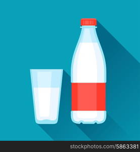 Illustration with bottle and glass of milk in flat design style. Illustration with bottle and glass of milk in flat design style.
