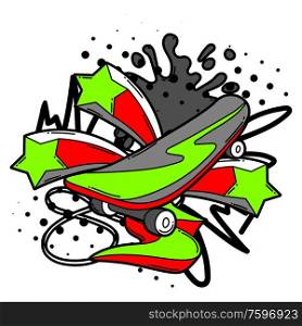 Illustration with cartoon skateboard. Urban colorful teenage creative image. Fashion symbol in modern comic style.. Illustration with cartoon skateboard.