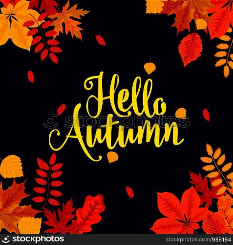 Illustration with colorful autumn leaves and lettering for bright, seasonal design, vector illustration