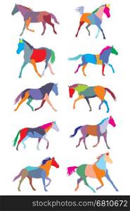 illustration with colorful trotting horse silhouettes collection isolated on white background