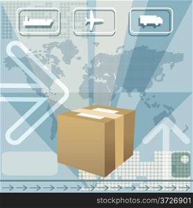 Illustration with delivering box against world map and icons of plane, truck and cargo ship