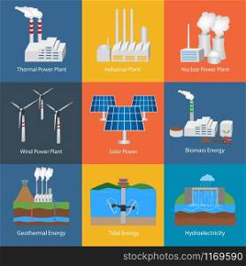 Illustration with different power plant icons:thermal, hydro, nuclear, diesel, solar, eco, wind, geothermal, tidal. Set of nine industrial buildings vector icons. Conception of making energy and pollution of the environment.