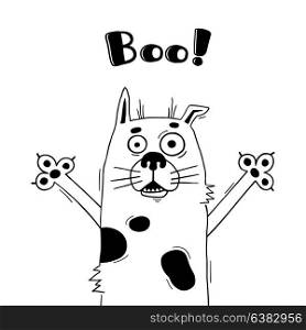 Illustration with dog who shouts - Boo. For design of funny avatars, welcome posters and cards. Cute animal.. Illustration with dog who shouts - Boo. For design of funny avatars, welcome posters and cards. Cute animal in vector.