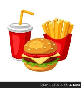 Illustration with fast food meal. Soda, fries and burger. Tasty fastfood lunch products.. Illustration with fast food meal. Soda, fries and burger.