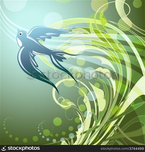 Illustration with flying swallow against floral green background drawn in cartoon style