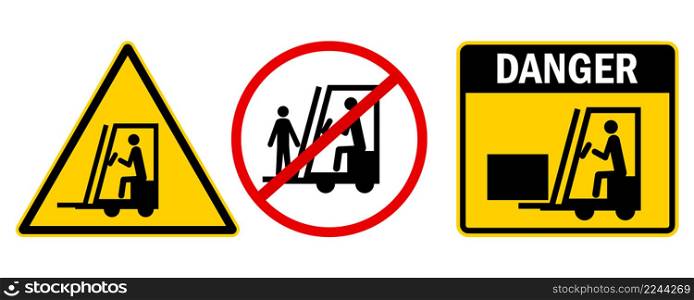 Illustration with forklift warning sign. Loader warning signs. Sign prohibition of people on a forklift. Vector illustration. stock image. EPS 10.. Illustration with forklift warning sign. Loader warning signs. Sign prohibition of people on a forklift. Vector illustration.