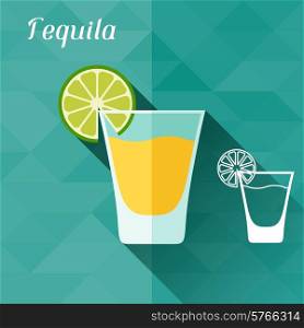 Illustration with glass of tequila in flat design style.