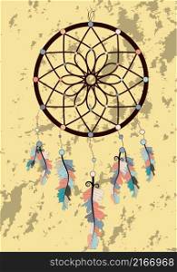 Illustration with hand drawn dream catcher. Feathers and beads. Doodle drawing.