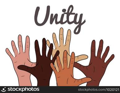 Illustration with hands of people of different nationalities on theme of the unity of peoples