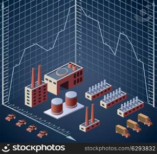 Illustration with industrial buildings and diagrams