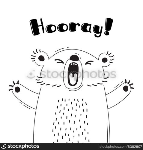 Illustration with joyful bear who shouts - Hooray. For design of funny avatars, welcome posters and cards. Cute animal.. Illustration with joyful bear who shouts - Hooray. For design of funny avatars, welcome posters and cards. Cute animal in vector.