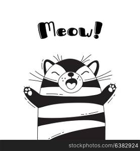 Illustration with joyful cat who shouts - Meow. For design of funny avatars, welcome posters and cards. Cute animal.. Illustration with joyful cat who shouts - Meow. For design of funny avatars, welcome posters and cards. Cute animal in vector.